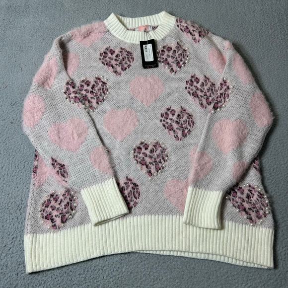 Glitz & Ears Sweater Womens M Pink Cream Fuzzy Leopard Heart Pearl Sweater NEW‎ - Picture 1 of 14